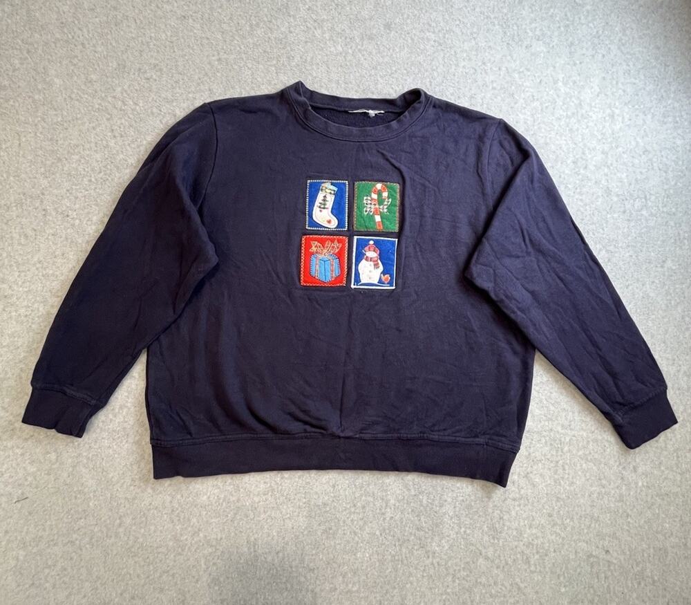 Navy blue crewneck sweatshirt with graphic holiday-themed squares Women’s Sz XL